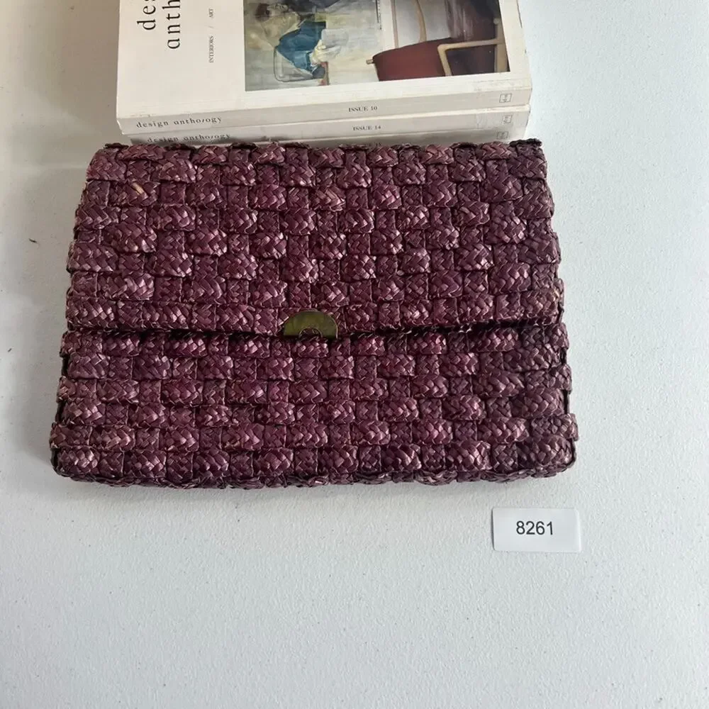 Vintage Burgundy Woven Wicker Straw Crossbody Clutch Purse Missing Strap